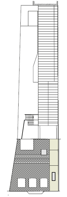 Planritning som visar gårdsbebyggelsen. Fasadritning på gårdsbebyggelse. Fasadritningen visar att gårdsbebyggelsen visuellt är uppdelad i två ihopbyggda delar.