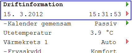 4.2 Tidsfunktioner inställning av tid och datum IQHeat Regulatorns klocka har funktionen sommar- och vintertidsskiften och skottår. I klockan finns en reservfunktion för minst ett dygns elavbrott. 4.