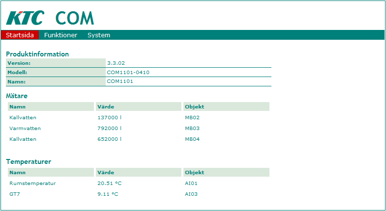 WEB COM 1101 har en inbyggd web-server. Där kan man via internet avläsa temperaturer och mätare. Vissa inställningar kan också vara enklare att göra där än via display.