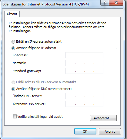 Ställa in fast IP-adress i Windows 7. Följande instruktioner gäller för Windows 7, för andra Windows versioner kan delar av denna instruktion fungera.