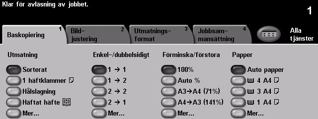 SKÄRMEN - Här visas vilka funktioner som finns tillgängliga på maskinen samt allmän information.