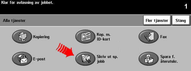 1. HÄMTA DET SPARADE JOBBET Så här skriver du ut ett sparat jobb Ny utskrift av sparade jobb Tryck på för. Välj knappen fliken Skriv ut sp. jobb. Markera jobbet Välj knappen Skriv ut sp. jobb. Om knappen Ny utskrift av sparade jobb inte visas, väljer du först knappen Fler tjänster.