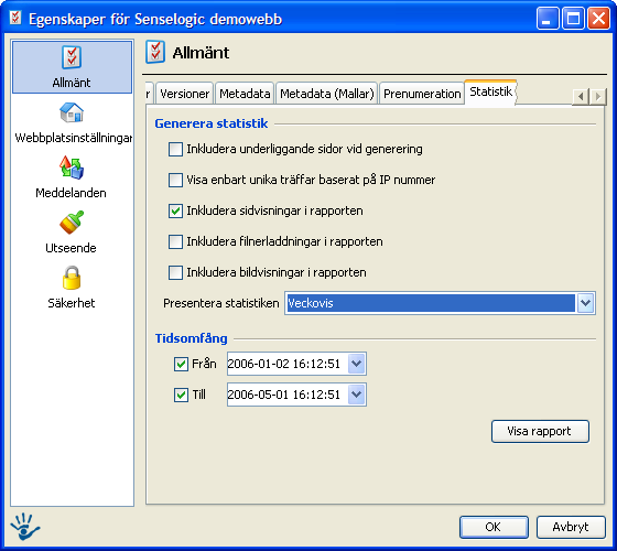 3.1.7 Statistik Under fliken Statistik kan man välja vilka sidor man vill generera statistik över.