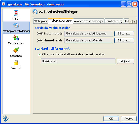 3.2.2 Webbplatsresurser Under denna flik ställer man in inloggningssida, felsida och utskriftsmall.