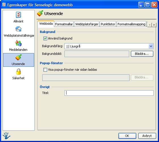3.4 Utseende 3.4.1 Webbsida Här kan man ändra inställningar för enskilda webbsidor med inställningar för bland annat bakgrundsfärg.