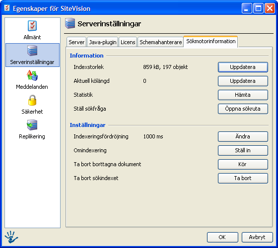 4.2.5 Sökmotorinformation Indexstorlek: Information om fysisk storlek på index på sidan samt antal indexerade objekt (bild/fil/sida) Aktuell kölängd: Hur många objekt som ligger i indexeringskön och