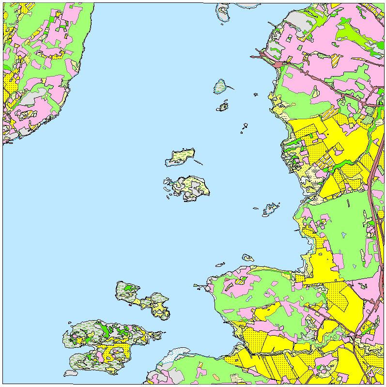 Exempel kustruta med jordbruksmark och bebyggd mark Exempel på lägsta ambitionsnivån. Fastighetskartan översatt till förenklade markslagsklasser. NILS KM-ruta är inte ansluten.