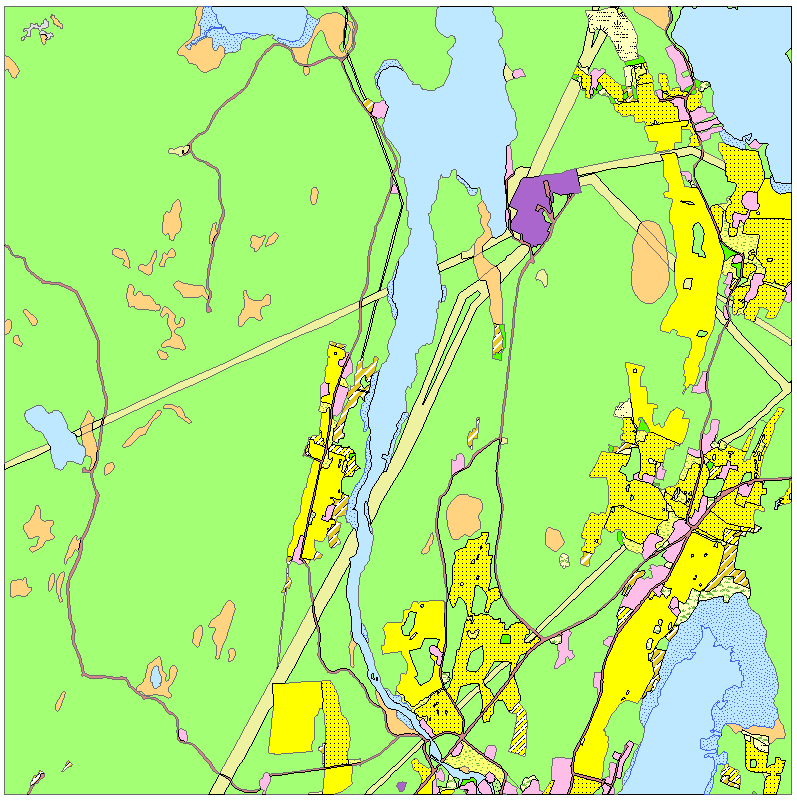 Exempel ruta med skogsmark och jordbruksmark Exempel på lägsta ambitionsnivån. Fastighetskartan översatt till förenklade markslagsklasser. NILS KM-ruta är inte ansluten.