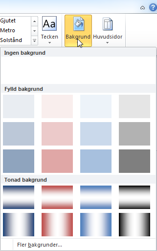 - Bakgrund Bakgrund När du skapar din publikation kan du använda olika bakgrundsfärger. Bakgrundsfärgerna styrs av färgschemat (temat). 1. Menyfliken Siddesign 2.