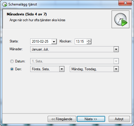 Bild 227: Sida 4 (Månadsvis Datum), Schemalagda Tjänster Bild 228: Sida 4 (Månadsvis Den), Schemalagda Tjänster Väljer man Den anger man vilka veckodagar ur valfria veckor under månaden som tjänsten
