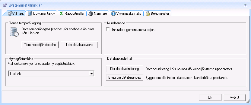 Systeminställningar Allmänt Dialogen Systeminställningar hanterar följande områden: Allmänt Dokumentarkiv Rapportmallar Nämnare Visningsalternativ Behörigheter Systeminställningar används av alla
