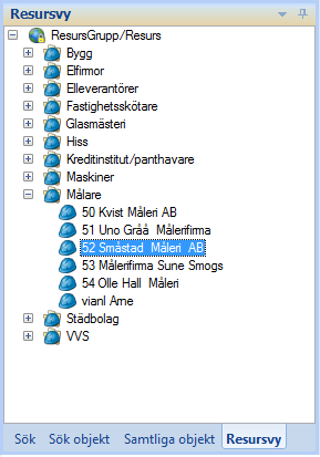 Bild 39 - Exempel Samtliga objekt Resursvy Även Resursvy visar ett träd med noder, men här utgår trädet från resurser istället.