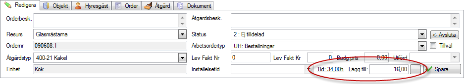 Via menyn som visas vid högerklick ges även möjligheten att skicka arbetsordern via e-post till den resurs (intern personal eller någon firma) som tilldelats ordern.