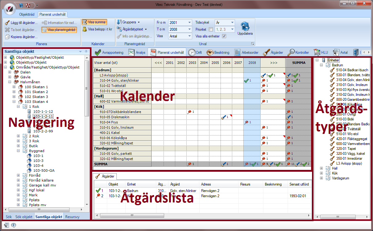 Planerat underhåll I fliken för Planerat underhåll kan användaren via en kalender planera in åtgärder i tiden.