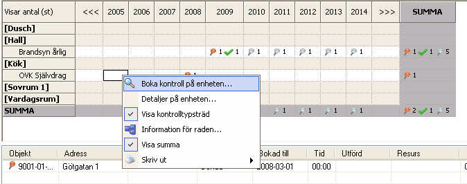 Bild 142 - Kontroller och kontrollresultat Det är möjligt att flytta åtgärder genom att markera en kontroll i kalendern och därefter dra och släppa kontrollen med hjälp av musen.