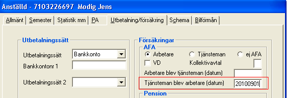 Fora-Tjänsteman blir Arbetare Det finns eget datumfält i Anställda för byte från Tjänsteman till Arbetare. Programmet summerar bruttolön från och med det datum som tjänstemannen blivit arbetare.