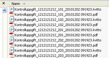 Kontrolluppgifterna sparas i pdf-format. Till varje pdf-fil (KU) skapas en tillhörande kvittofil.