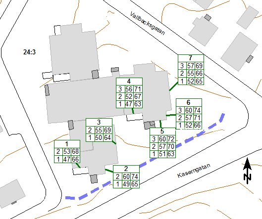 Figur 5: Beräknad ljudnivå för enskilda våningsplan med en 2 meter hög skärm mot Kaserngatan.