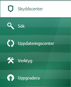 P R O G R A M G R Ä N S S N I T T I den vänstra delen av fönstret kan du snabbt växla till programmets huvudfunktioner: aktivering och avaktivering av skyddskomponenter, köra virussökningsuppgifter,