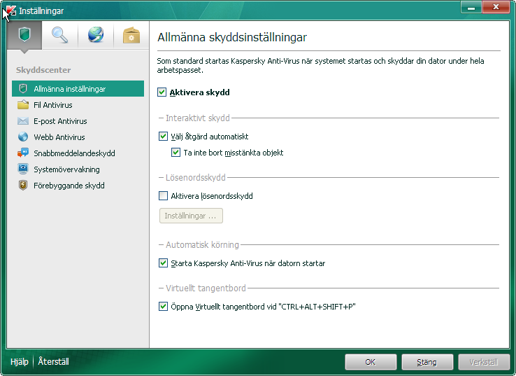 A N V Ä N D A R G U I D E PROGRAMMETS INSTÄLLNINGSFÖNSTER Inställningsfönstret för Kaspersky Anti-Virus är utformat för att konfigurera hela programmet, enskilda skyddskomponenter, sök- och