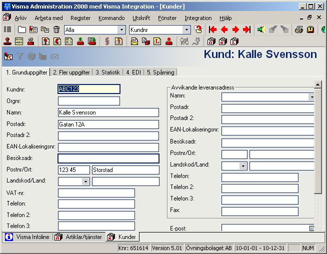 Exempel 2 Kund som följer Visma Administrations nummerserie Om man inte känner till vilket kundnummer kunden skall få i Visma Administration kan det vara lämpligt att använda sig av nummerserien