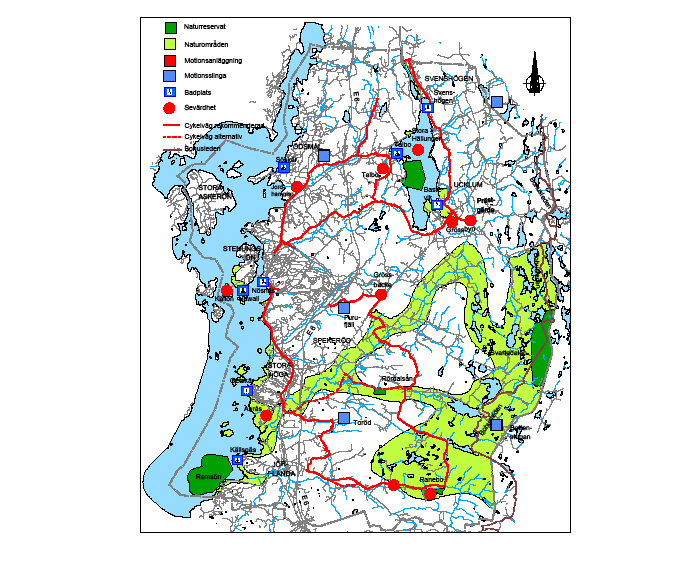Figur 19 Karta över cykelvägar i Stenungsunds kommun samt i tätorten Källa Stenungsunds kommun I kommunens översiktsplan anges planerade cykelvägar vilka är följande Ödsmål-Kolhättan Svenshögen