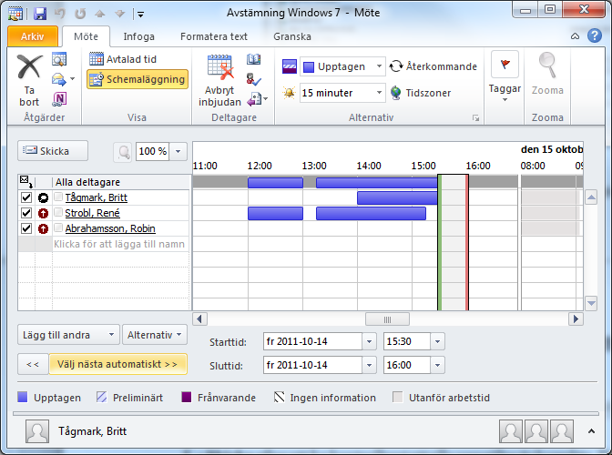 Boka ett möte Schemaläggning 1. I visningsläget Schemaläggning kan du kontrollera om dina mötesdeltagare redan är bokade den önskade tiden. 2.