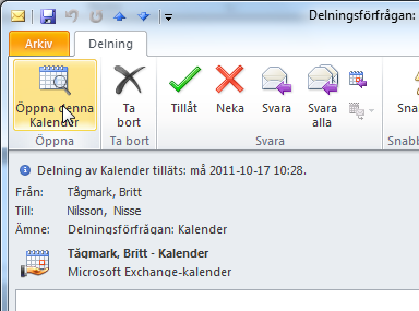 Dela kalendrar Öppna en kollegas kalender via mottagen e-post Klicka på knappen Öppna denna Kalender i mailet du har fått med delningsinbjudan Lägga till en kollegas kalender 1.