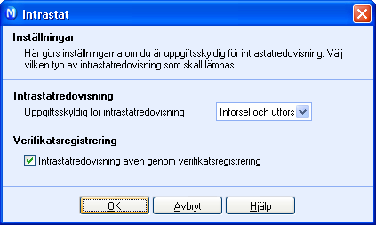 INSTÄLLNINGAR FÖR INTRASTAT 2 INSTÄLLNINGAR FÖR INTRASTAT Visa Inställningar Redovisning - Modulinställningar - Intrastat Vissa företag med omfattande EU-handel är skyldiga att redovisa Intrastat på