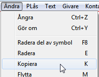 Exempel: Ta bort en kontaktor. Klicka någonstans på kontaktorn (1). Hela symbolen kommer att gråmarkeras (2) och när du sedan klickar med höger musknapp kommer den att raderas (3).