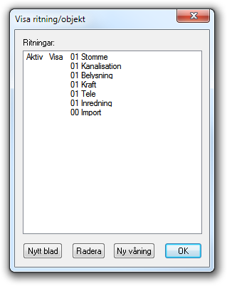 Exempel: Till vänster: Importritningen är aktiv. Till höger: Stommen är aktiv Flytta sedan övriga delar av ritningen till respektive blad på samma sätt.