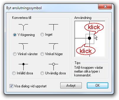 Om du vill ändra en vanlig ledning till en stamledning eller tvärtom väljer du Rita -> Ändra stamledning i menyn. Då får du en markeringstråd från muspekaren till närmaste ledning.