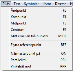 F2 - Centrum F3 - Mittpunkt F4 - Korspunkt F5 - Ändpunkt Du kan använda en punktlåsning när CAD-programmet frågar efter en koordinat.