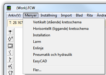 Byta meny De olika delarna kretsschema, pneumatik och installationsel har olika menyer. Det skulle bli för mycket symboler om alla skulle finnas synas i menyn samtidigt.