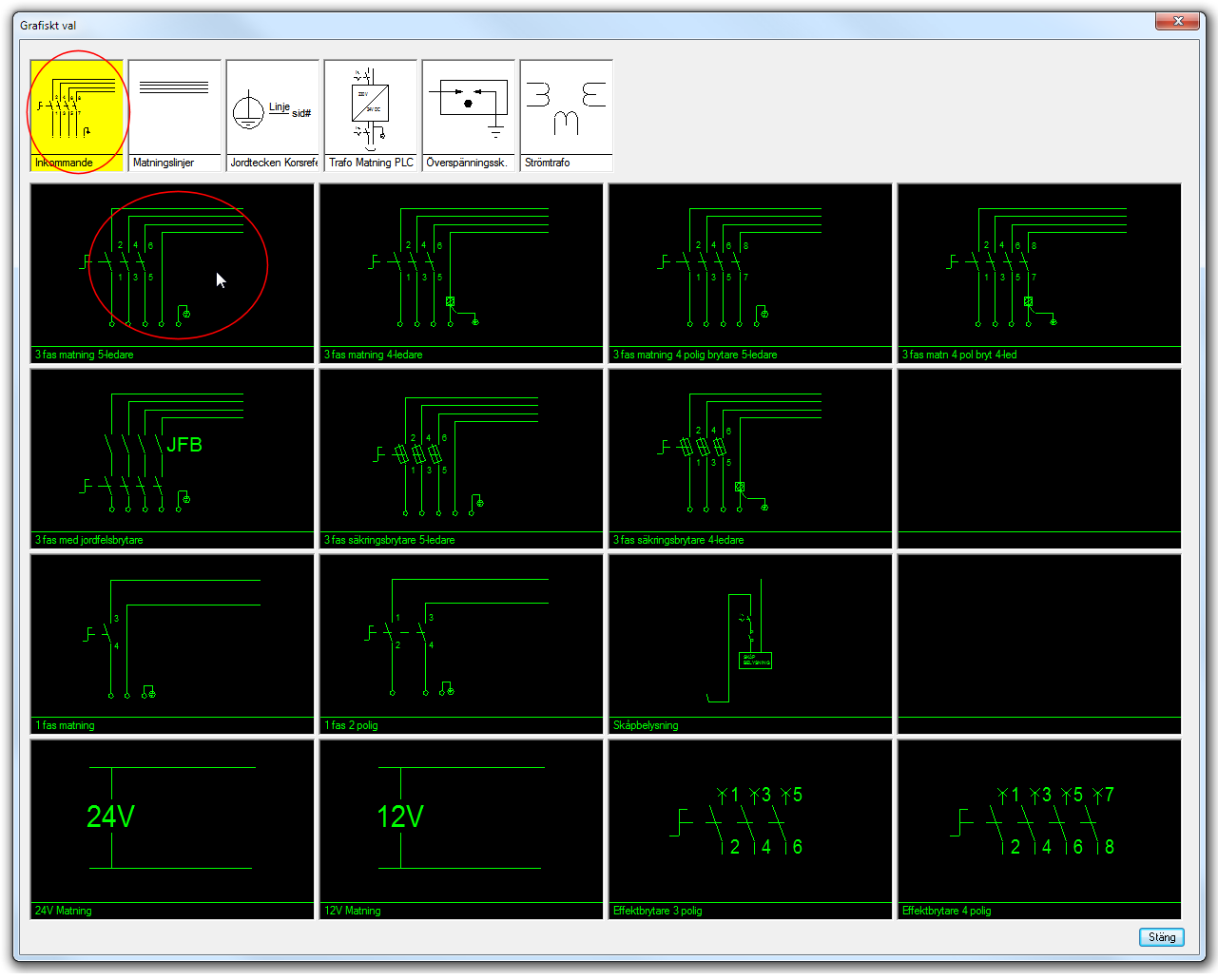 Matning Börja med att rita matningen. Välj ikonen för matning. I det grafiska valet ser du nu symboler för matning. Välj Inkommande -> 3 fas matning 5-ledare genom att klicka på den.