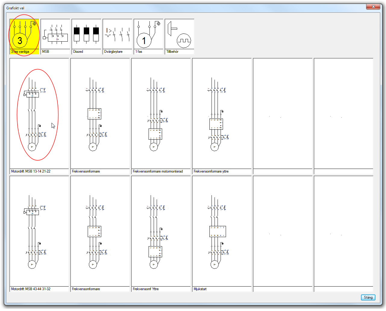 Sätt in motordrifter Symbolen för en motordrift finns bland symbolerna för 3-fasmotorer. Välj ikonen för trefasmotorer. Välj symbolen för en motordrift.