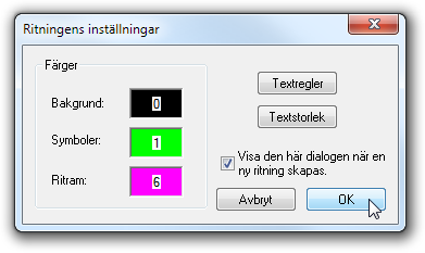 Ritningsinställningar Dialogrutan för ritningsinställningar visas när du skapar en ny ritning. Vill du komma åt den senare väljer du Inställning -> Ritningsinställningar.