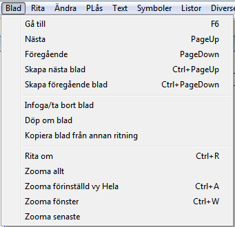 Bladhantering Funktionerna för att skapa nya blad och att navigera mellan befintliga blad i ritningen finns i menyn Blad.