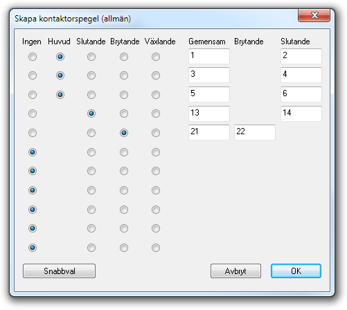 Vill du ha en större frihet vad gäller numrering kan du byta till dialogrutan nedan genom att klicka på knappen Allmän i dialogrutan Skapa kontaktorspegel (Snabbval).