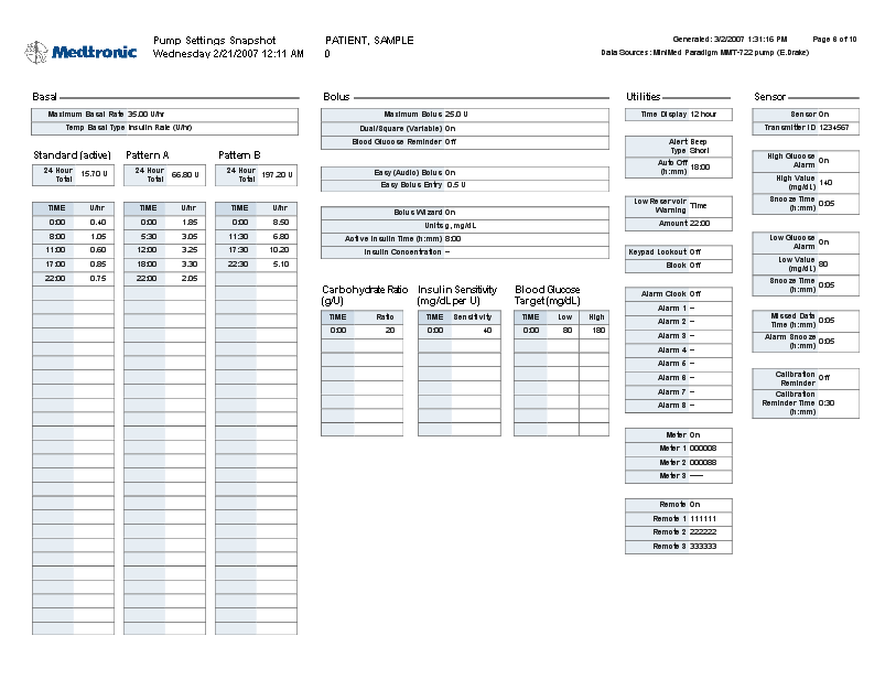 Snabböversikt över pumpinställningarna Den här rapporten ger en snabböversikt över patientens pumpinställningar vid ett specifikt datum och en specifik tidpunkt.