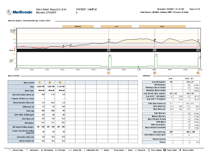 Daily details report (Dagliga detaljer) Daily Detail-rapporten visar uppgifter om pumpen och mätaren samt patientens insulinanvändning under en vald dag.