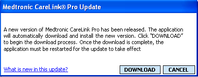 5 Klicka på YES för att stänga och öppna programvaran på nytt om du vill börja använda den senaste versionen av CareLink Pro. Klicka på NO om du hellre vill vänta innan du startar om CareLink Pro.