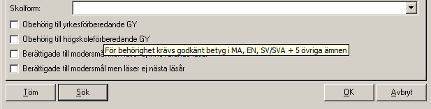 Ett s k tltip visas i fönstret m man låter markören vila över berörda checkbxar.