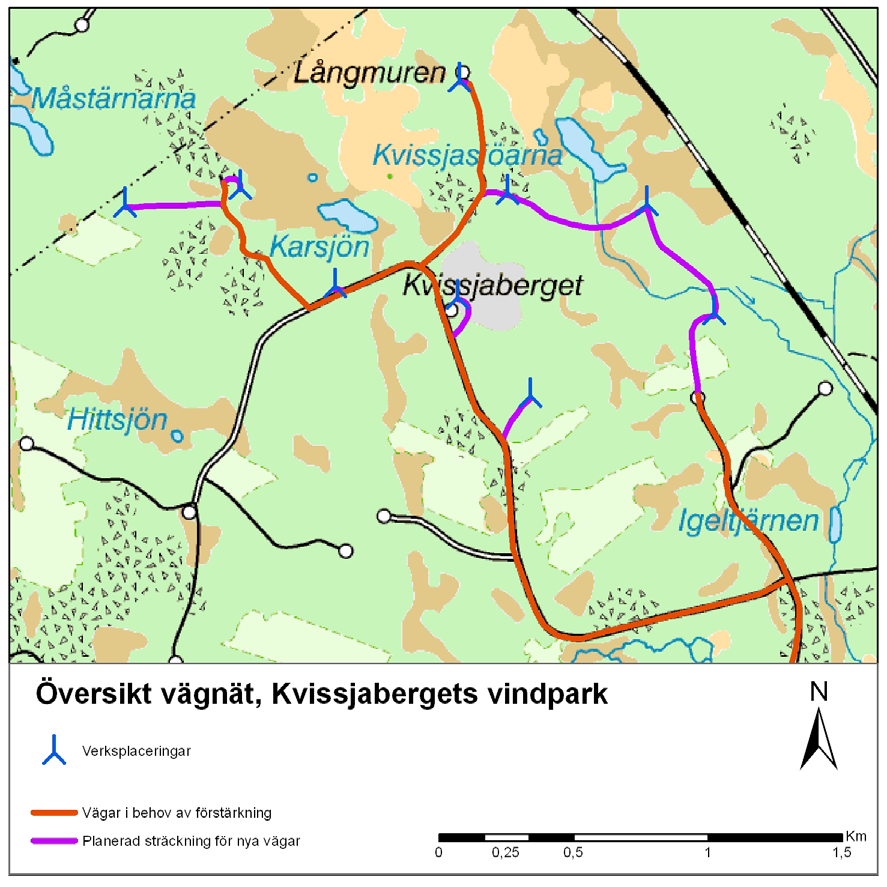Figur 7. Preliminär väglayout för Kvissjaberget vindkraftpark.