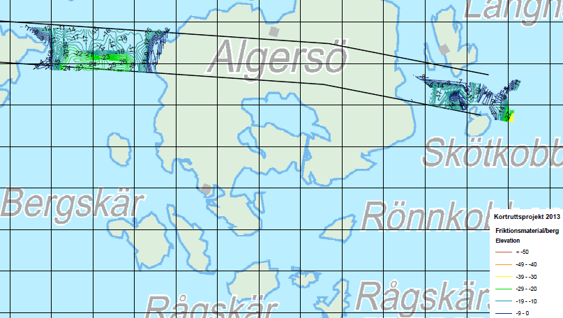 Figur 8. Bottenkartläggning för UA 7:2 med djup till fast botten. Delsträcka 3/250- ca 3/970 (Östra delen av Algersö inkl. färjeläge) Vägen går i mindre skärning i delsträckans början.