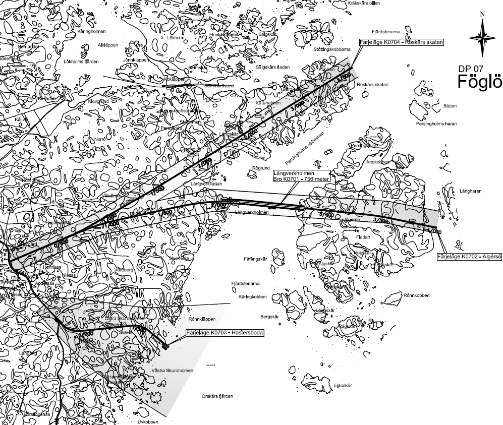 Figur 1. Översiktsbild för dp 7. Delprojektet omfattar tre utredningsalternativ vars korridorer framgår av kartan.