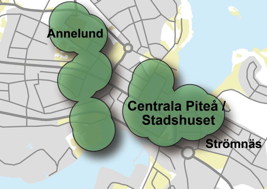 Figur 8 Fordonsplacering i Centrala Piteå med 300 meters radie runt punkterna I området Strömnäs, Centrala Piteå/Stadshuset har Socialtjänsten många fordon och det kan tänkas att dessa behöver