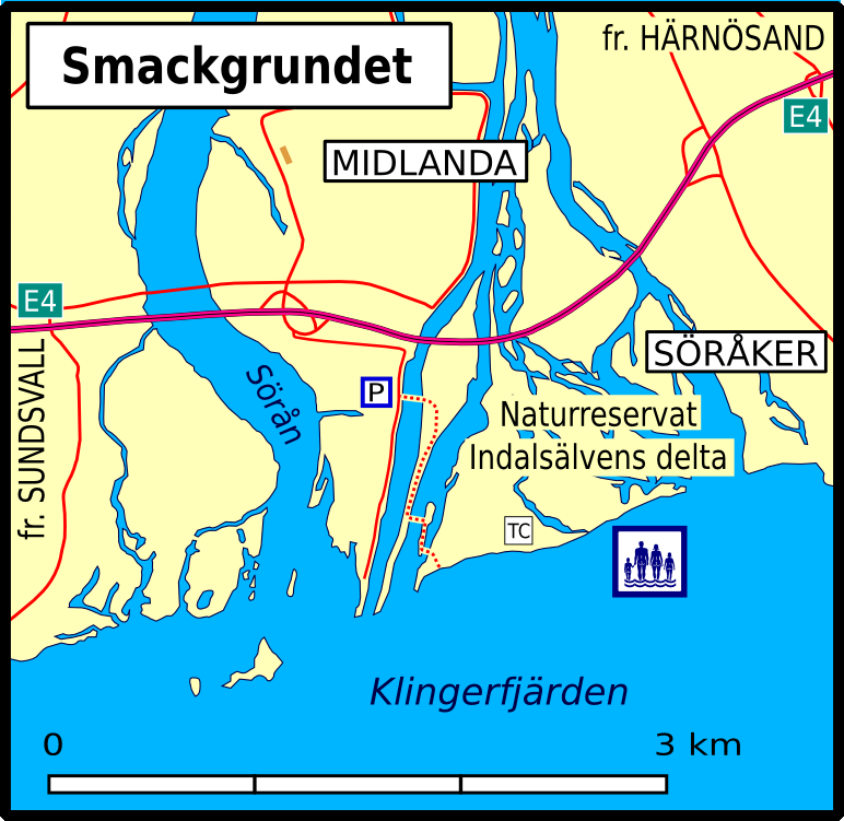 Smackgrundet TIMRÅ * I Indalsälvens delta, söder om flygplatsen. Avfart Naturreservat. Nakenbadet finns på sandstranden ut mot havet och börjar vid toalettbyggnaden (TC). Träffställe för Nat-Y-risten.