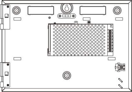 Kapitel 2: Installation Bild 4: Utformning av litet skåp och PCB (centralapparat med två slingor) 1. Slingans och brandsystemets plintar 2. Vattenpass 3. Jordskruv 4. Ethernetplint 5.