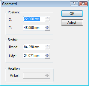 Fönstret Geometri 9 Fönstret Geometri Ett objekts position, storlek och rotation anges i fönstret Geometri. Du öppnar fönstret genom att klicka på menyn Objekt > Geometri.